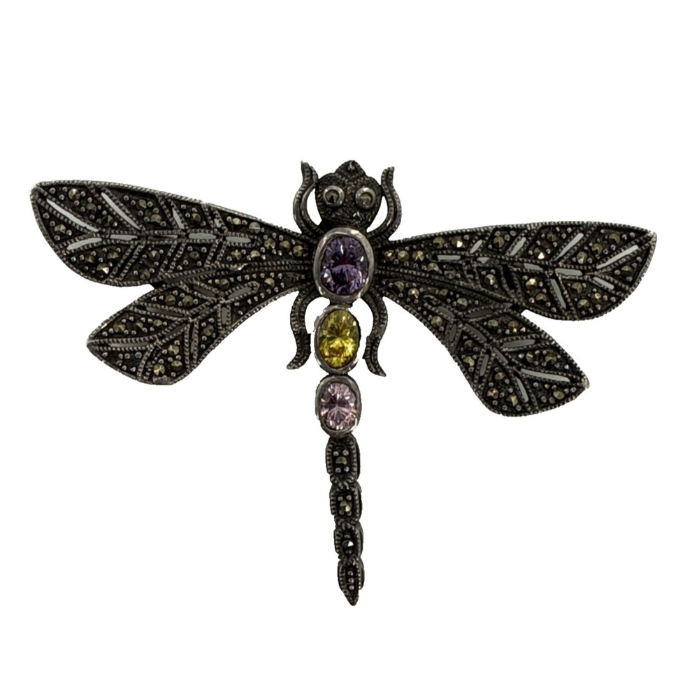 Vintage Sterling Silver Dragonfly Brooch Marcasite Multi Gemstones 13gr